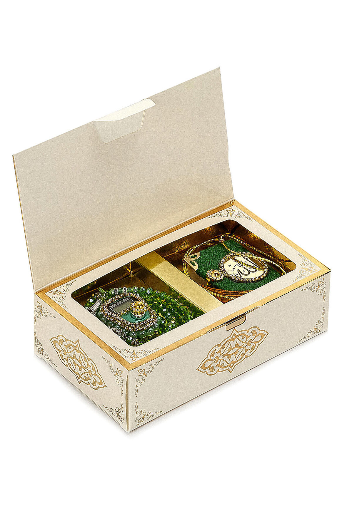 Taşlı Zikirmatik - Mini Kuran - Kristal Taş Tesbihli Hediyelik Set - Yeşil Renk