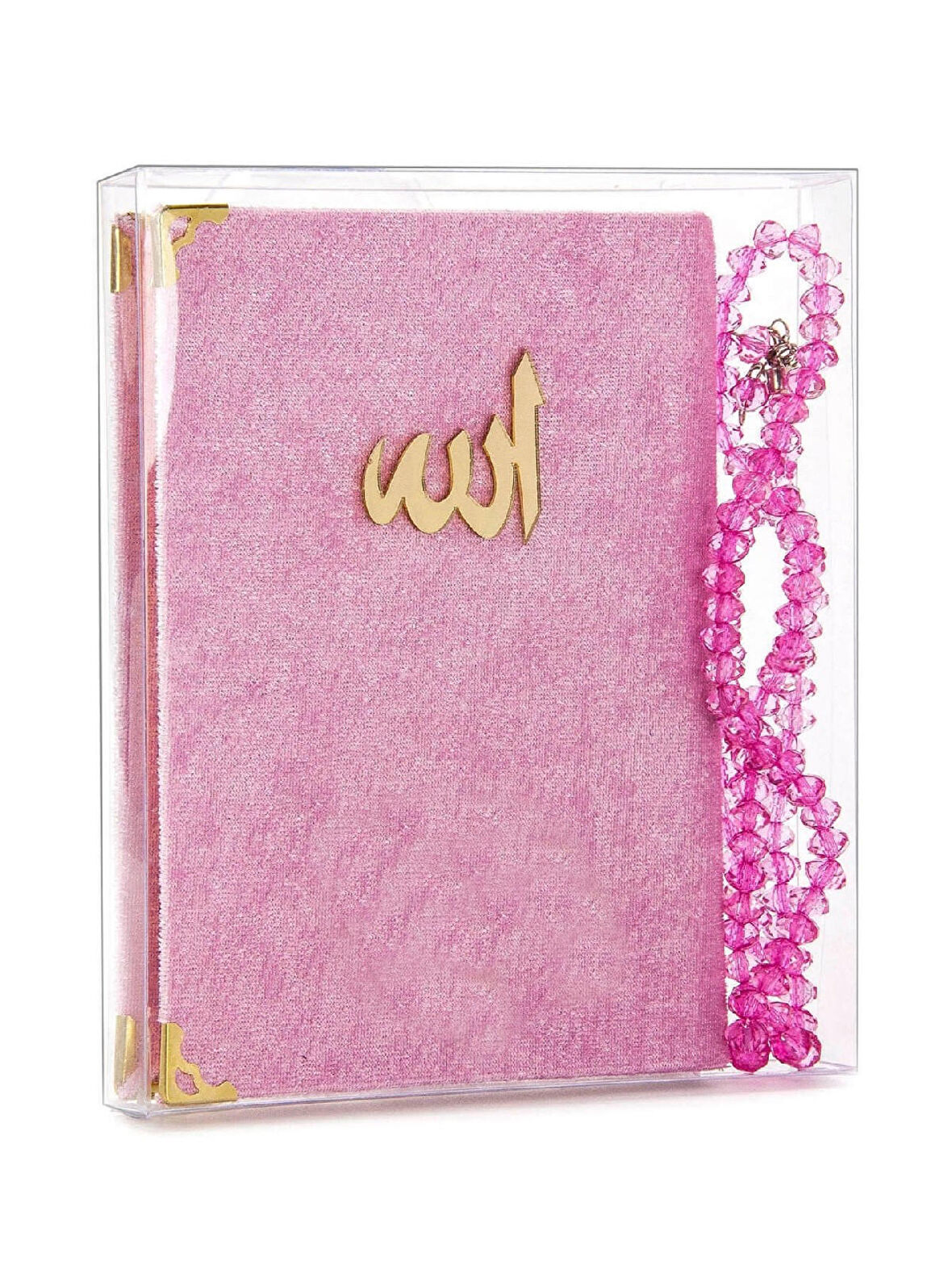 10 Adet Kadife Kaplı Yasin Kitabı - Çanta Boy - Tesbihli - Şeffaf Kutulu - Pembe - Hediyelik Yasin Seti