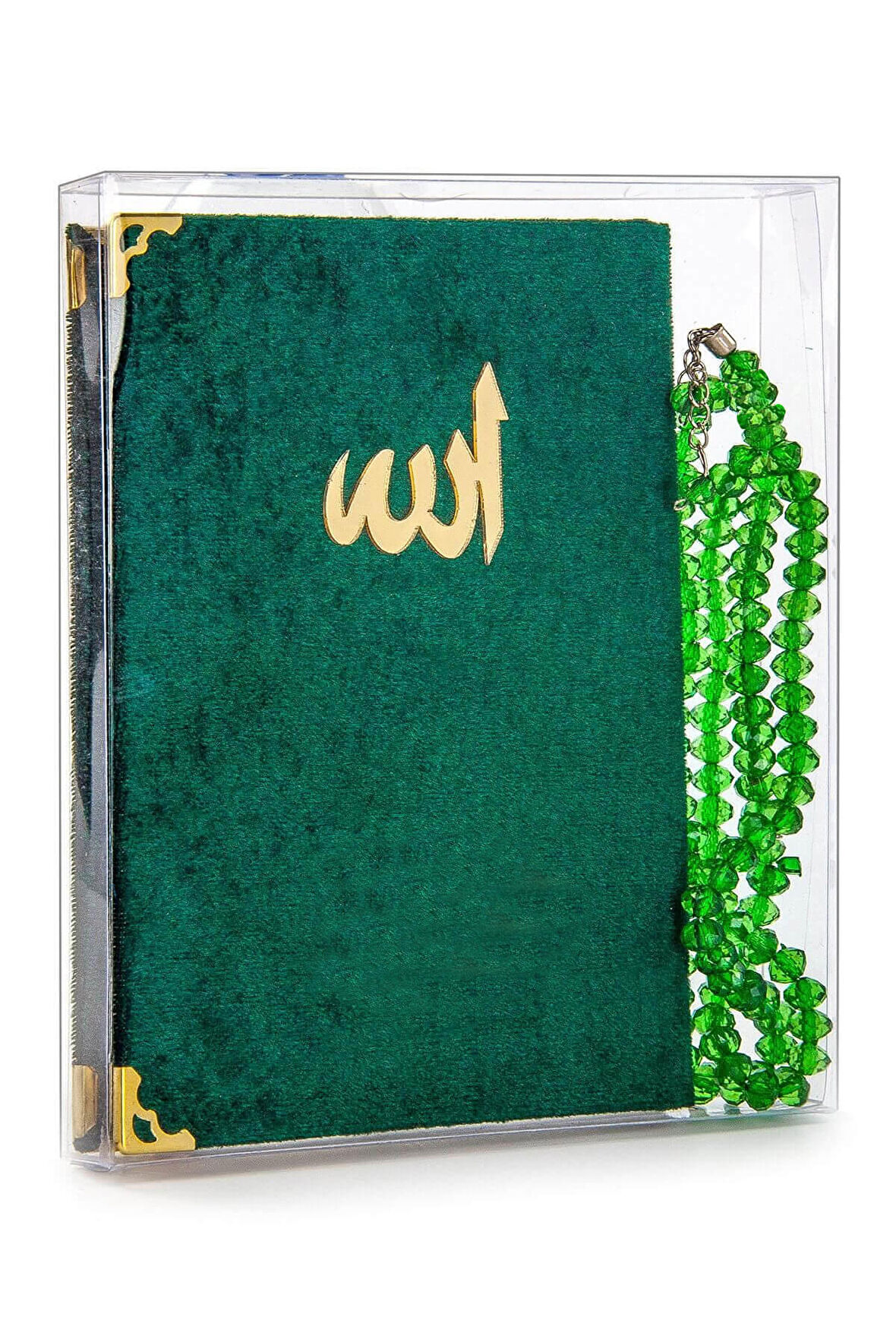 10 Adet Kadife Kaplı Yasin Kitabı - Çanta Boy - Tesbihli - Şeffaf Kutulu - Yeşil - Hediyelik Yasin Seti