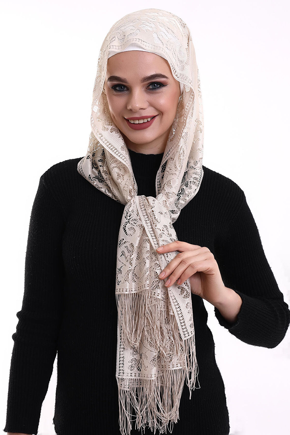 Narin Pamuk Tül Şal Koyu Krem-2 60x160