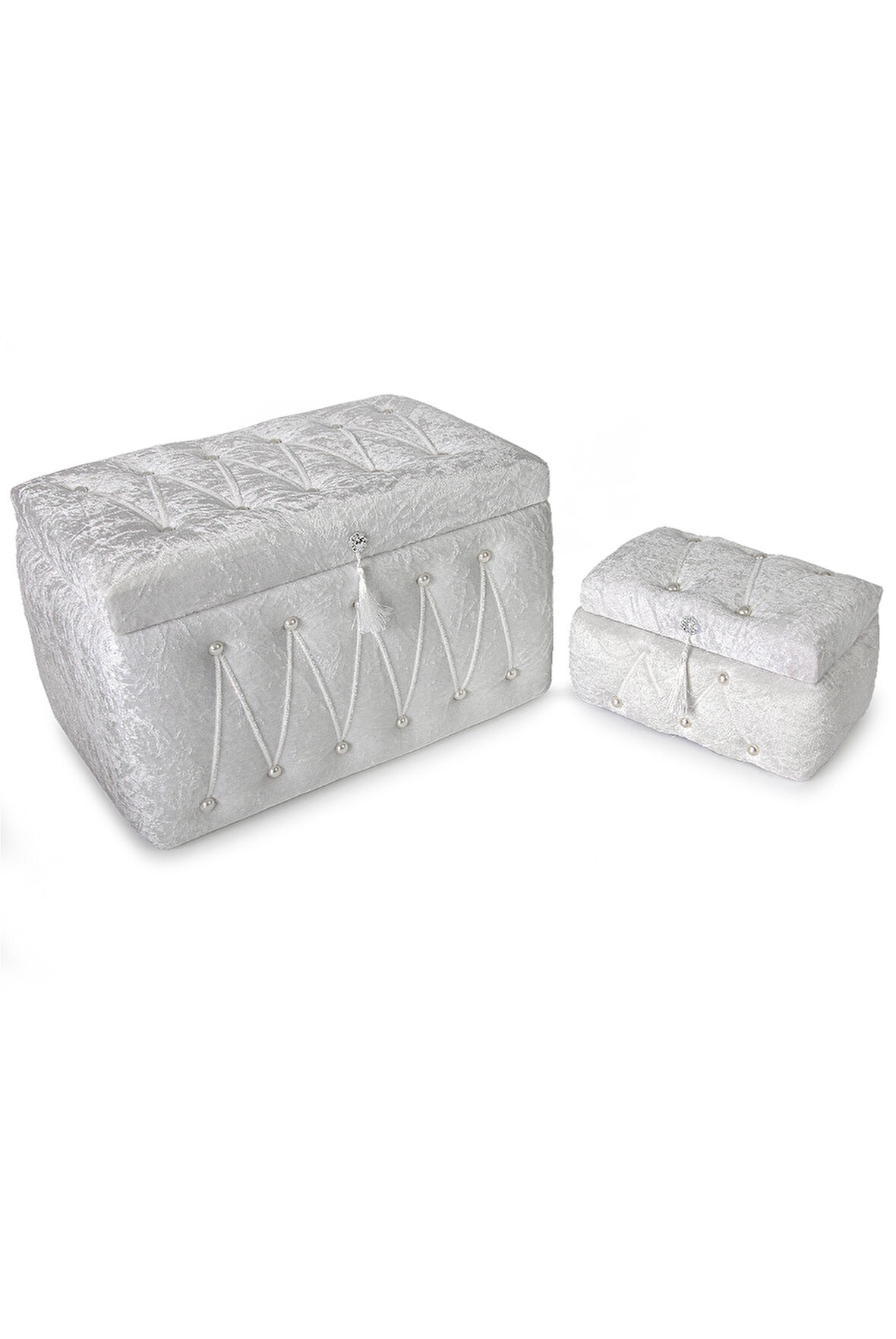 Söz Nişan Düğün Çeyizlik Kadife Gelin Bohça İkili Sandık - Beyaz