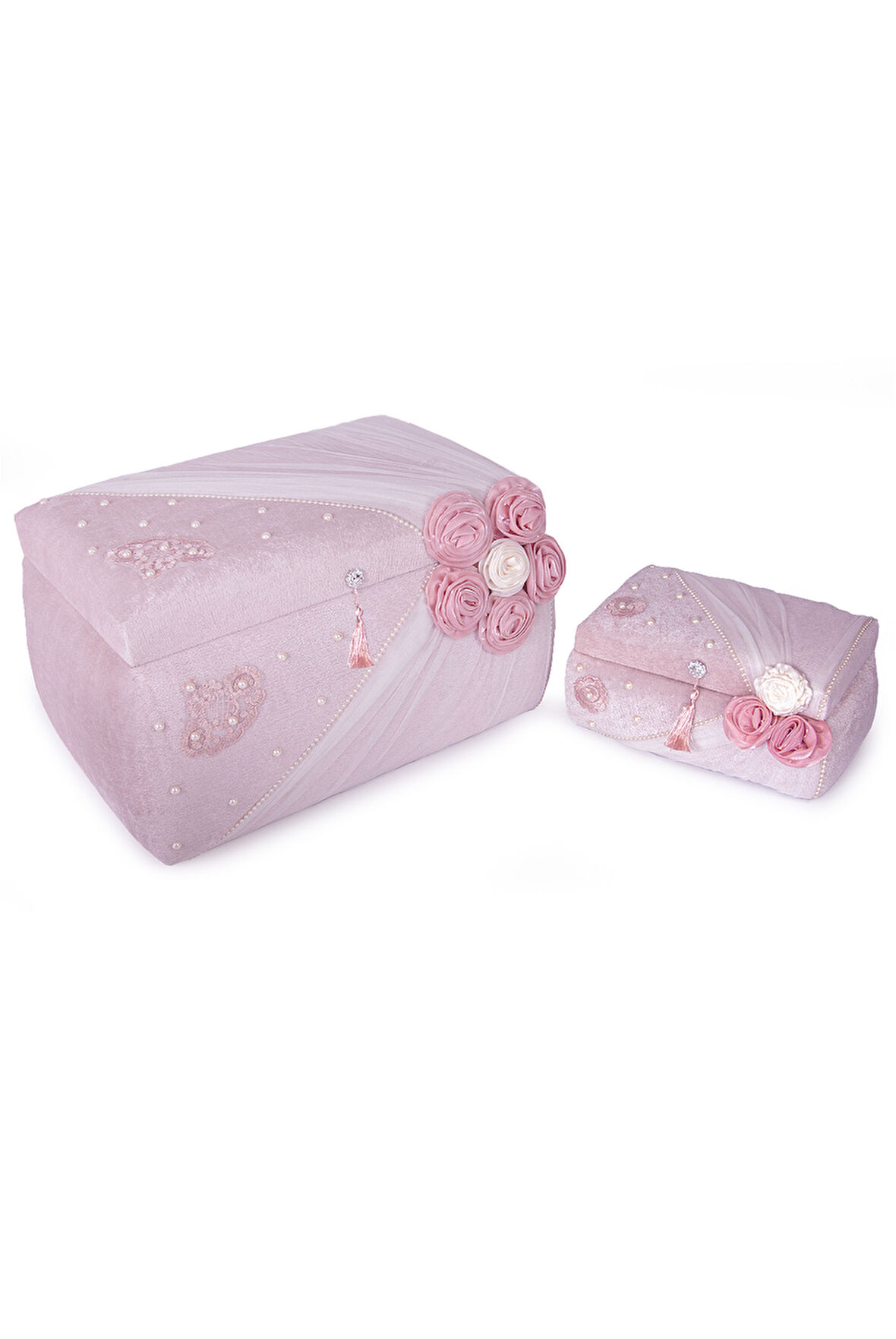 Kadife Süngerli Güllü Dantelli Söz Nişan Düğün Çeyizlik Gelin Bohça Sandık Seti (Büyük+Küçük) - Pudra