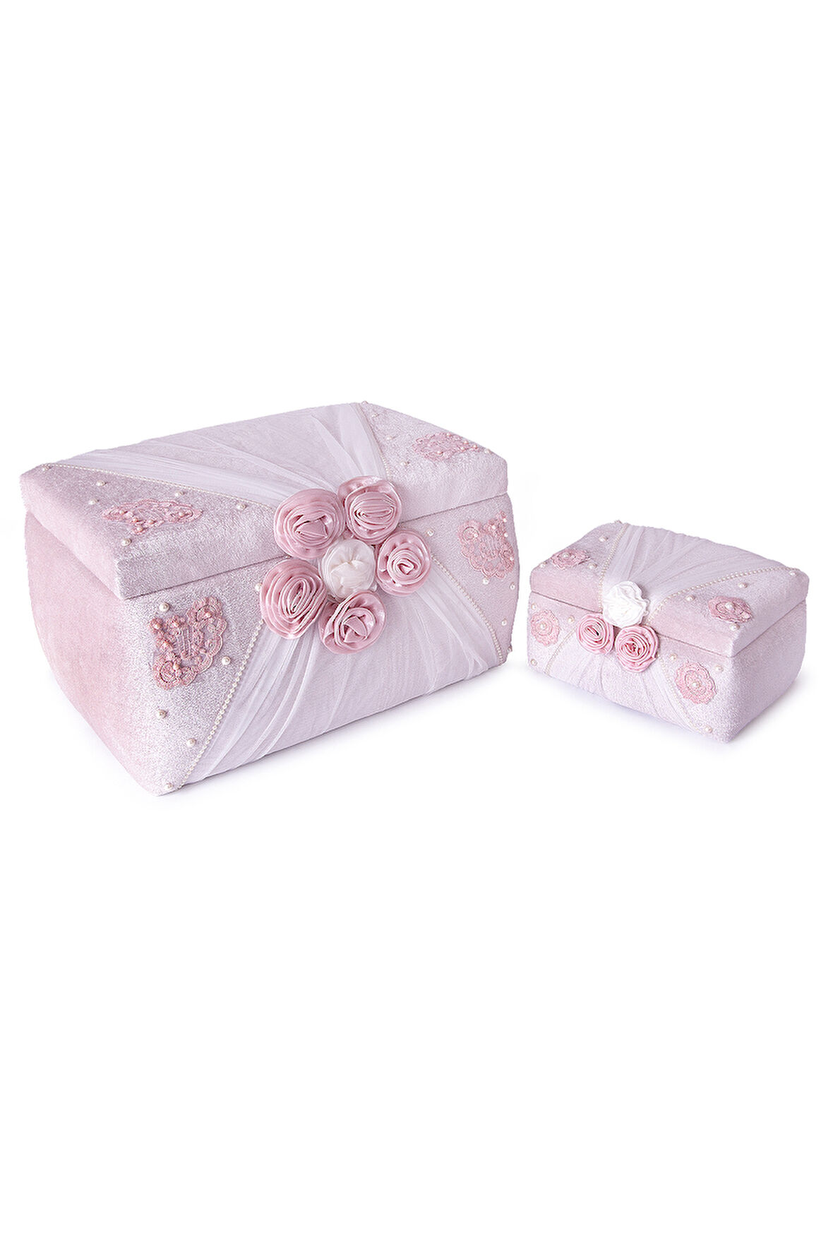 Kadife Süngerli Güllü Dantelli Söz Nişan Düğün Çeyizlik Gelin Bohça Sandık Seti (Büyük+Küçük) - Pudra/Beyaz