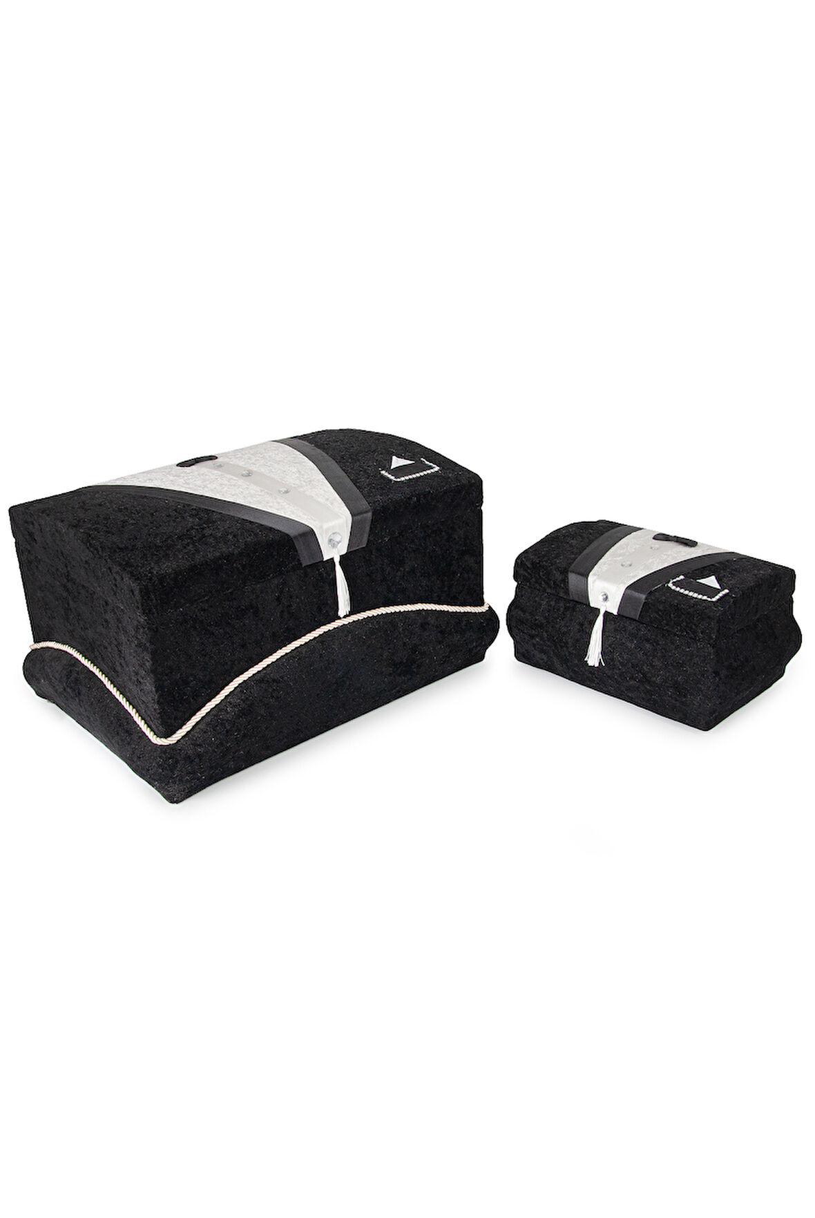 Kadife Süngerli Şeritli Söz Nişan Düğün Çeyizlik Gelin Bohça Sandık Seti (Büyük+Küçük) - Siyah