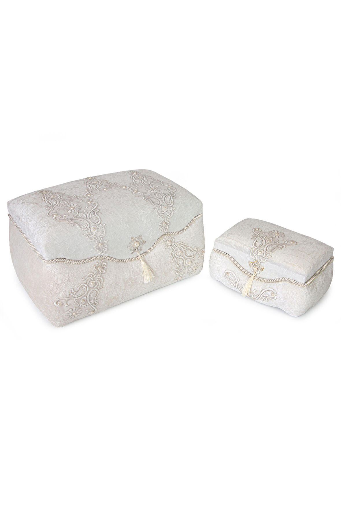 Kadife İşlemeli Söz Nişan Düğün Çeyizlik Gelin Bohça Sandık Seti (Büyük+Küçük) - Krem