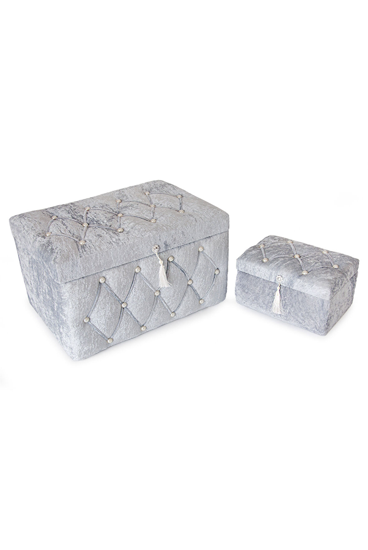 Kadife Kapitone Söz Nişan Düğün Çeyizlik Gelin Bohça Sandık Seti (Büyük+Küçük) - Gri