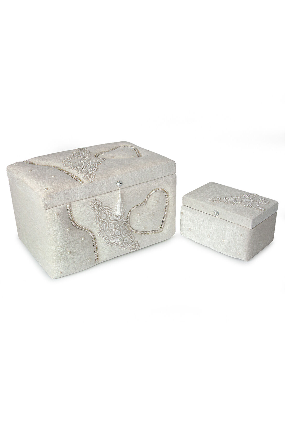 Kadife Kalpli Desenli Söz Nişan Düğün Çeyizlik Gelin Bohça Sandık Seti (Büyük+Küçük) - Krem