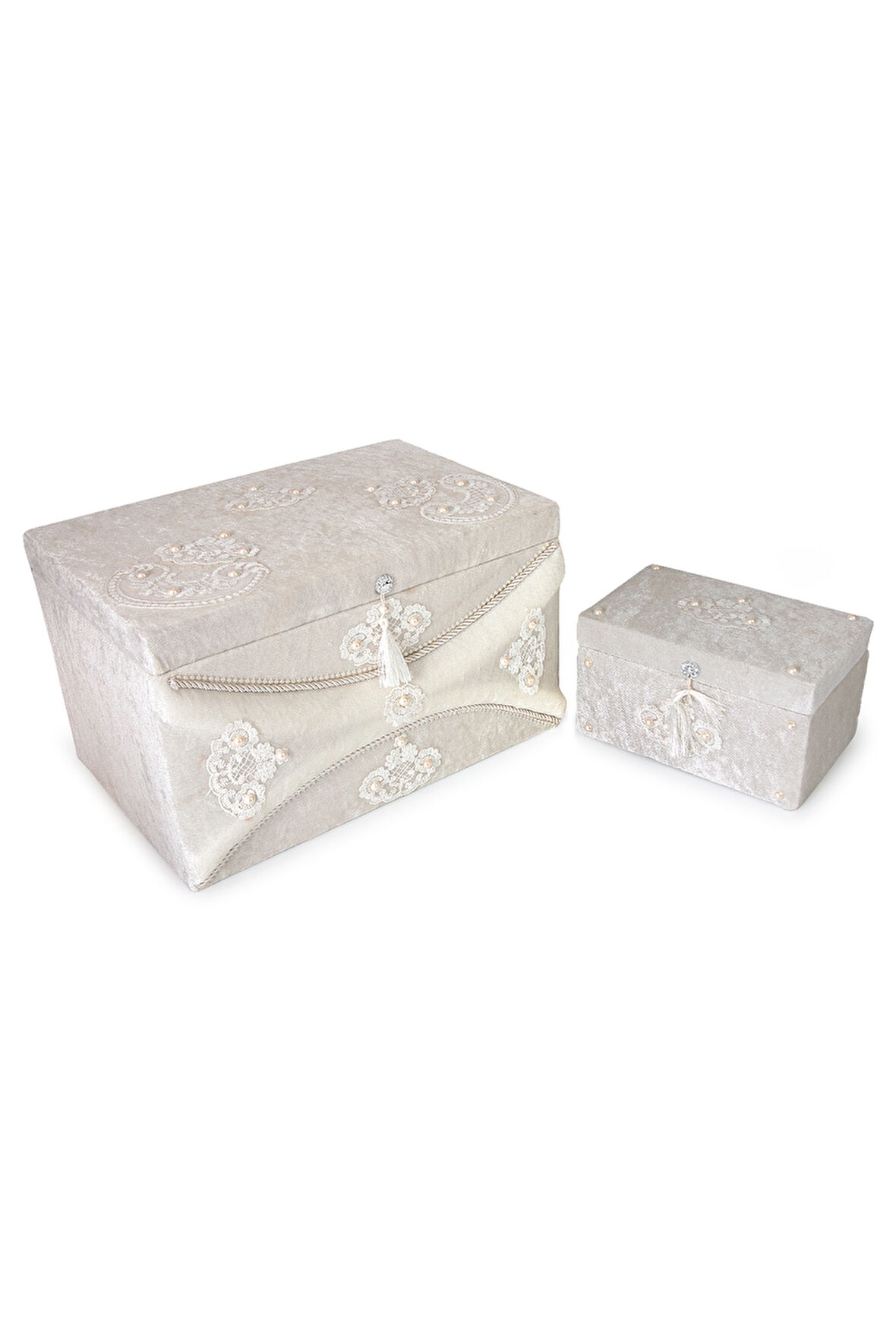 Kadife Dantelli Söz Nişan Düğün Çeyizlik Gelin Bohça Sandık Seti (Büyük+Küçük) - Taş
