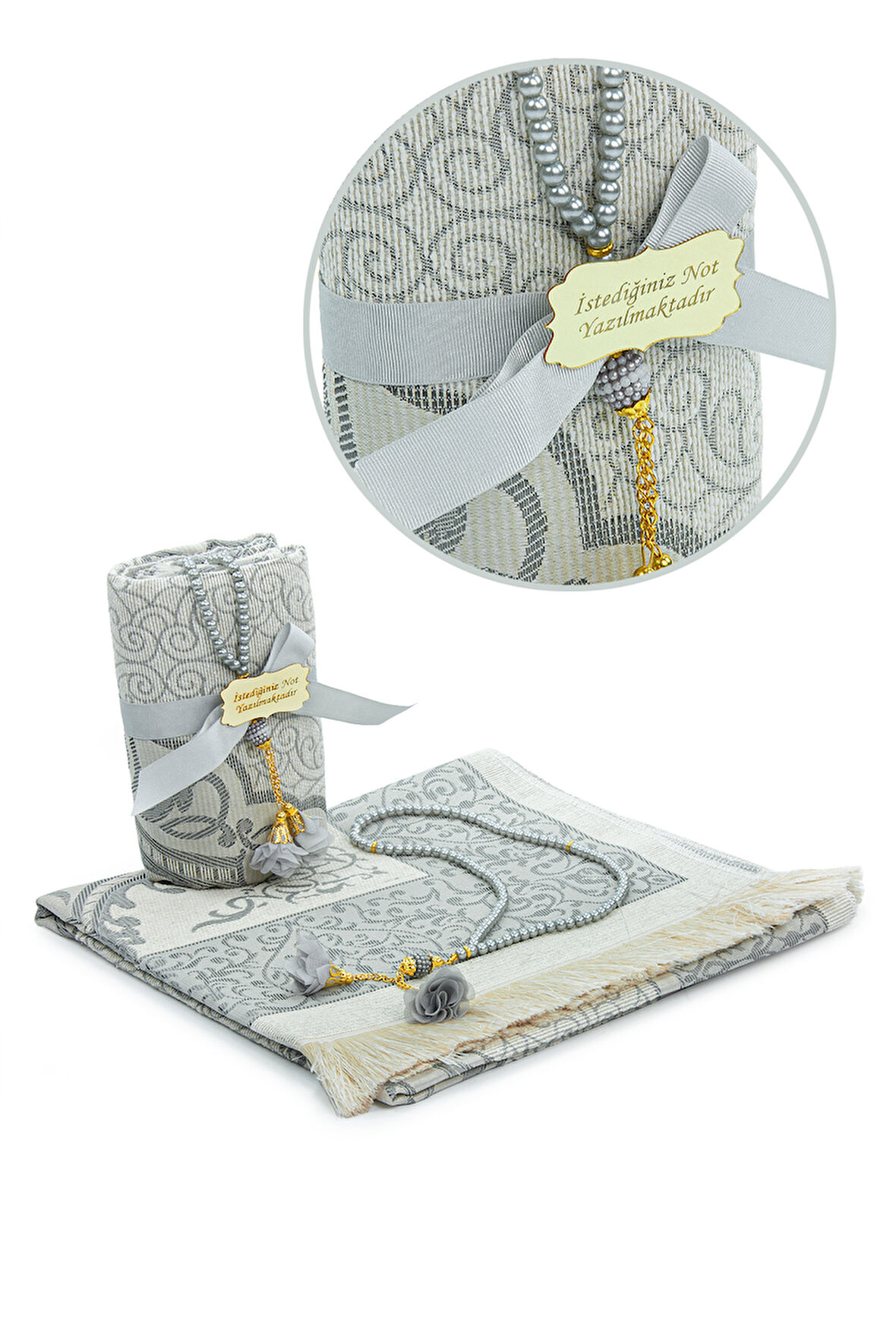 Hediyelik İsme Özel Tesbihli Seccade Seti Gri