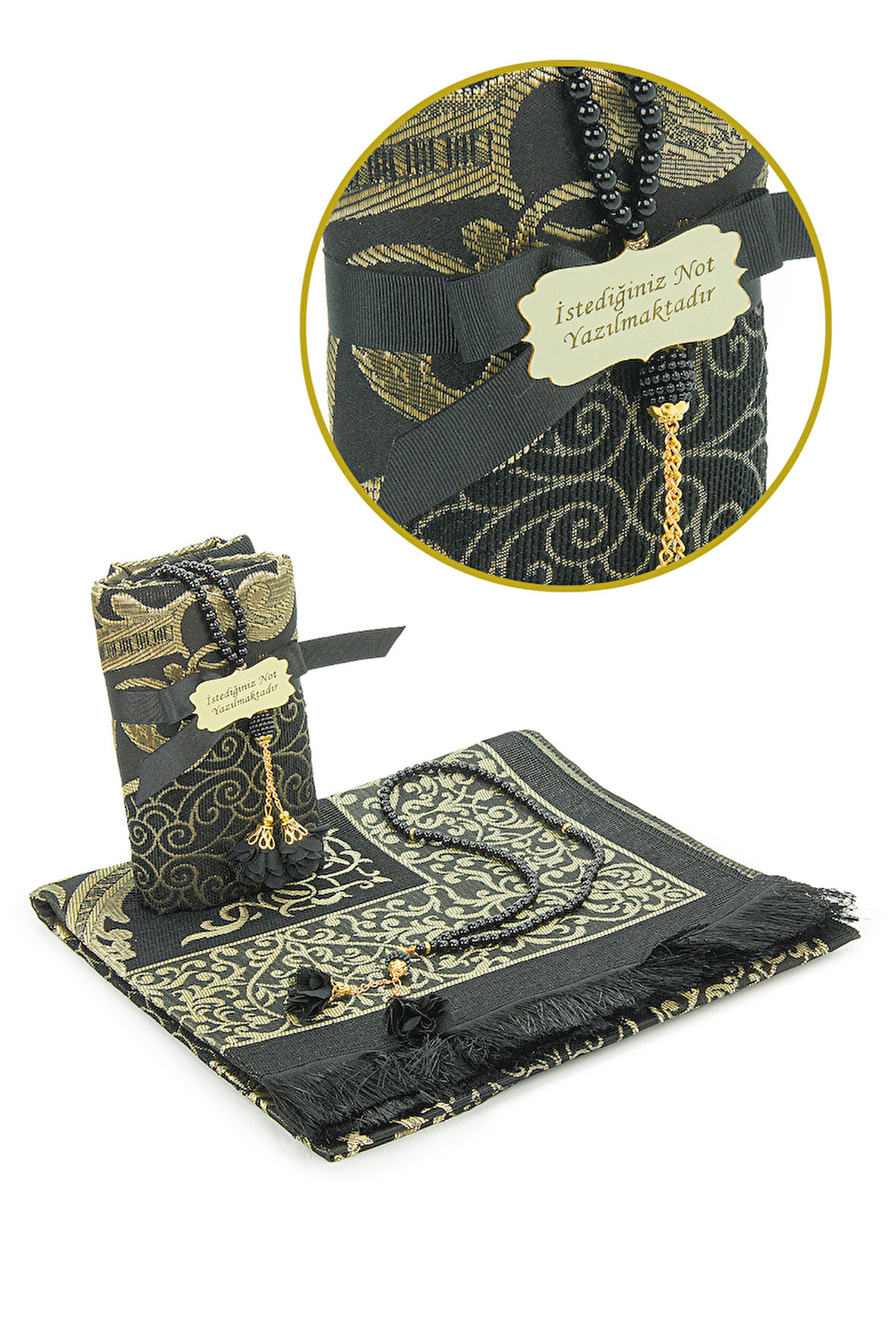 Hediyelik İsme Özel Tesbihli Seccade Seti Siyah
