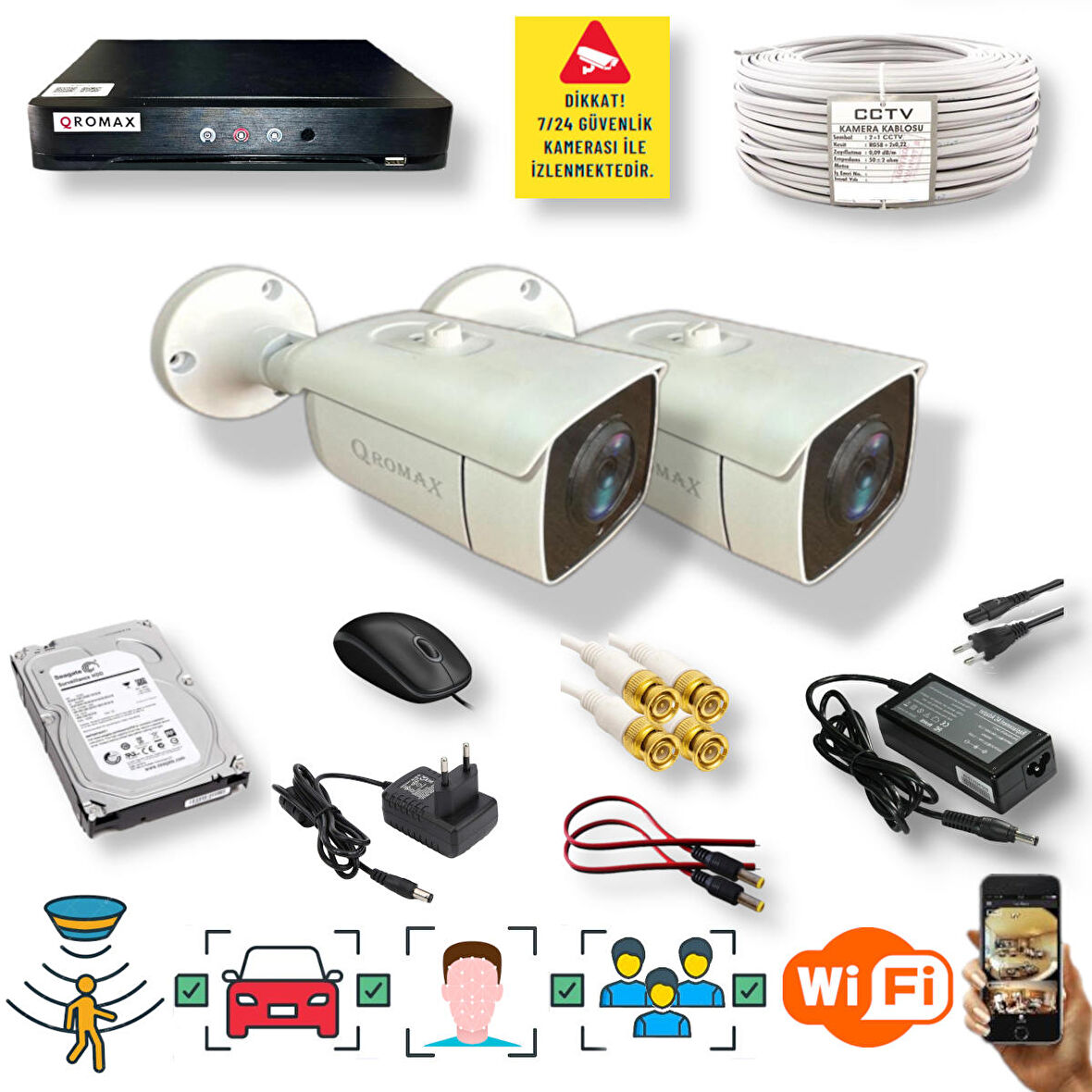 2 Kamerali Set - Araç İnsan Yüz Hareket Algılayan 24 Smd Led 5MP Sony Lensli 1080P Metal Kasa Güvenlik Kamerasi Seti 6224-1