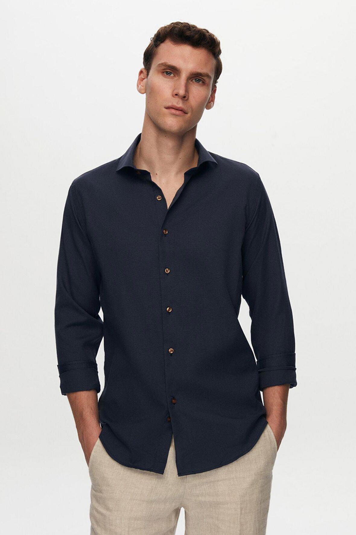 Ds Damat Slim Fit Lacivert İtalyan Yaka Armürlü Gömlek 2HF02ORT3185 2HF02ORT3185