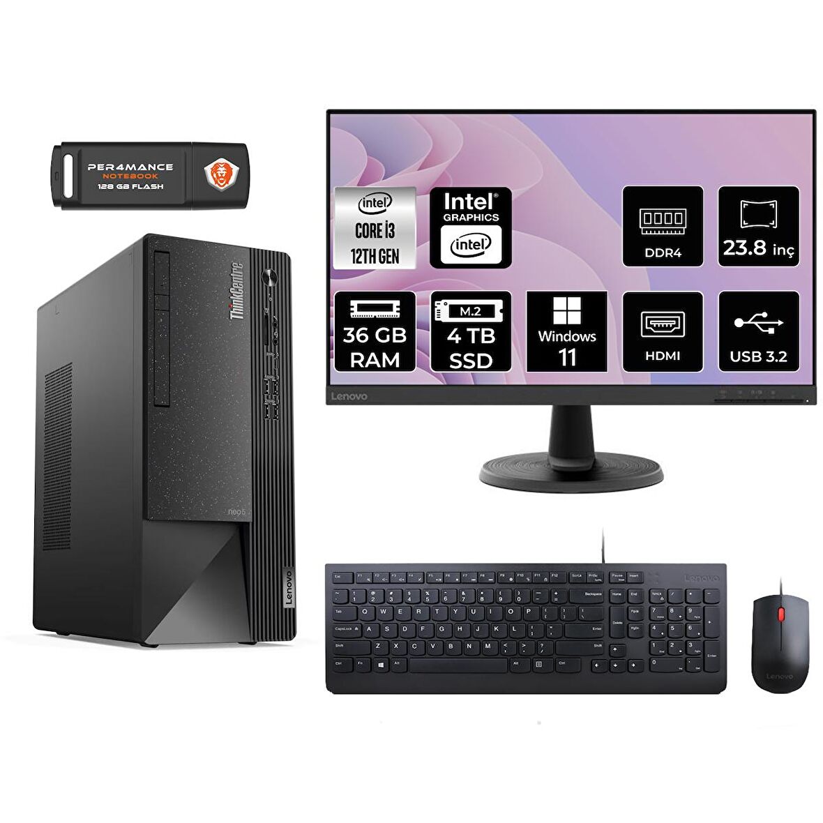 Lenovo ThinkCentre Neo 50T i3 12100 36GB 4TB SSD W11P 11SC001ATX MASAÜSTÜ PC & 23.8" MONİTÖR