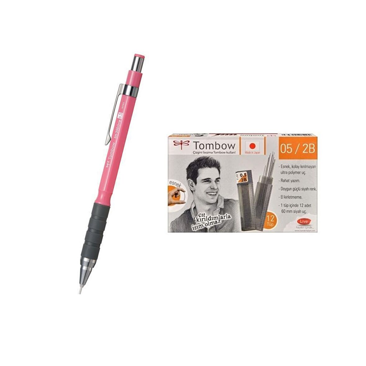 Tombow Uçlu Kalem Sh-300 Grip Pembe 0.5 mm + 12 Tüp Tombow 0.5mm 2B Min