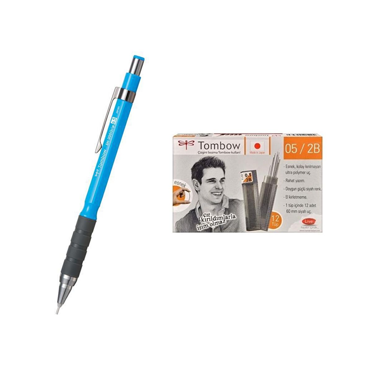 Tombow Uçlu Kalem Sh-300 Grip Açık Mavi 0.5 mm + 12 Tüp Tombow 0.5mm 2B Min