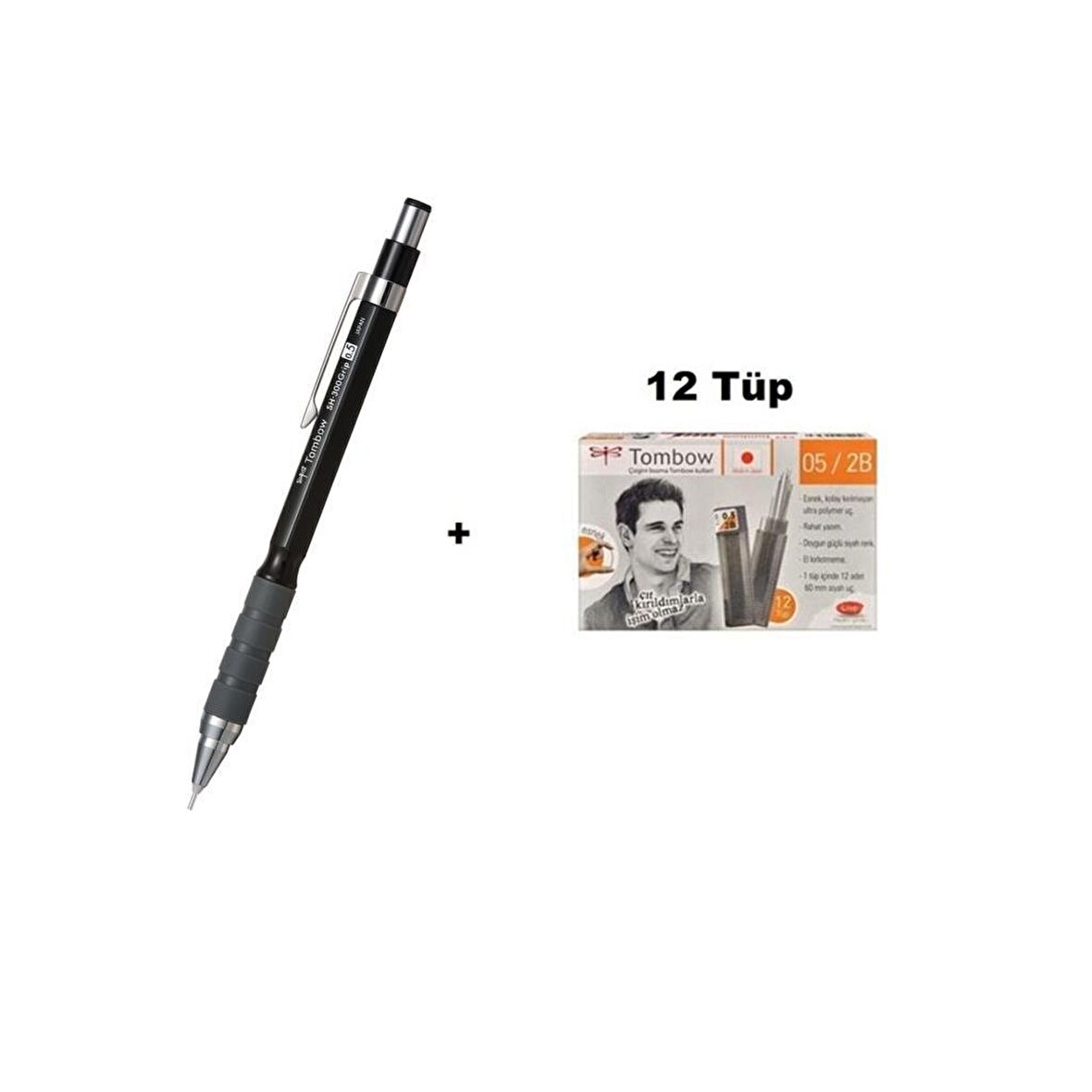 Tombow Uçlu Kalem Sh-300 Grip Siyah 0.5 mm + 12 Tüp Tombow 0.5mm 2B Min