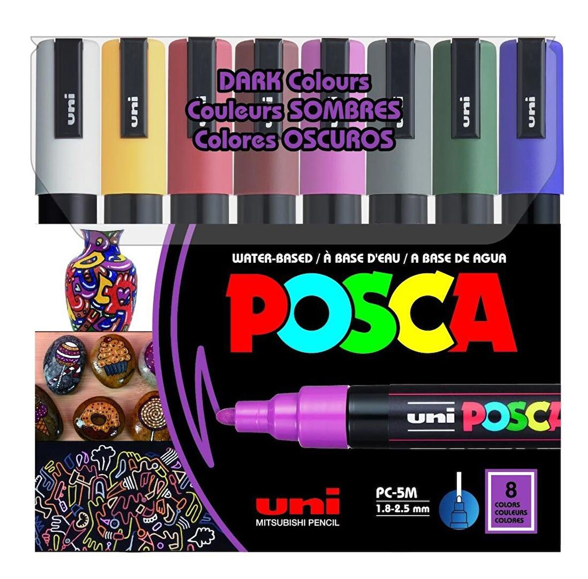 Uni Posca 5M Boyama Markörü Koyu Renkler 8'li Set