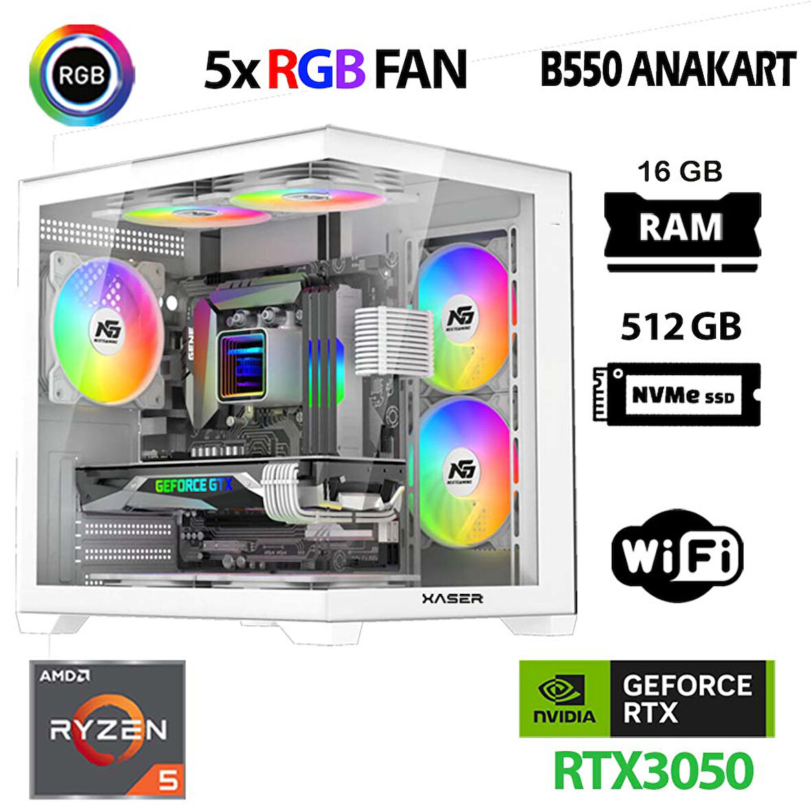 Xaser Narnia X60 Ryzen 5 5500 16GB Ram 512GB M.2 NVMe SSD RTX3050 Masaüstü Oyuncu Bilgisayarı