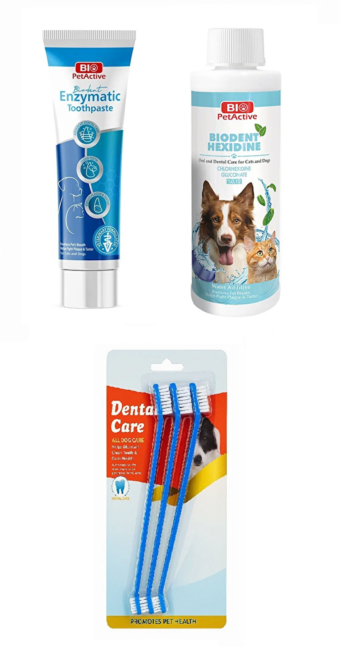 Bio PetActive Biodent Enzymatic Köpek Diş Macunu 100 ML + Biodent Hexidine 250 ML + Diş Fırçası 3 Lü