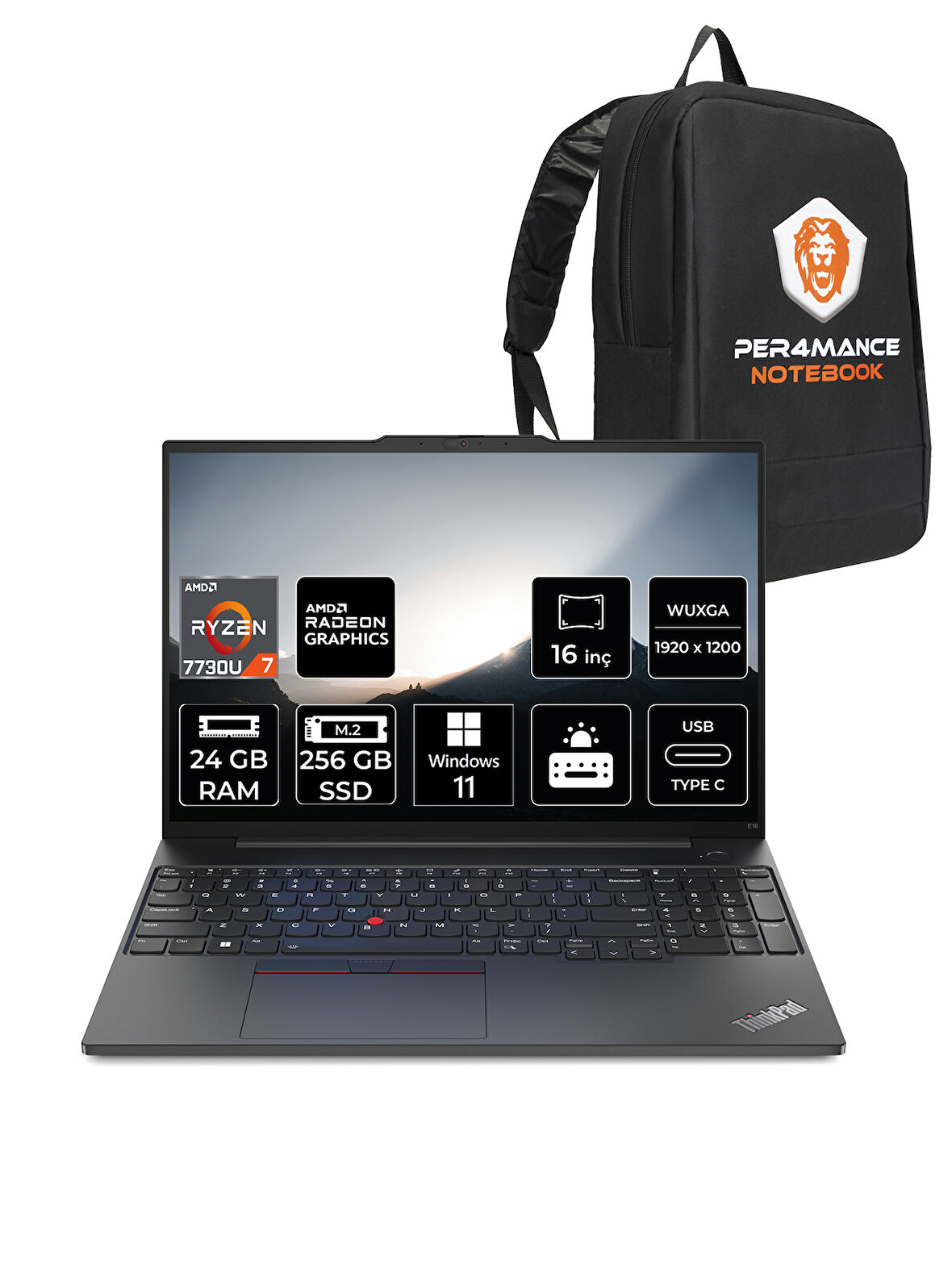 Lenovo ThinkPad E16 AMD Ryzen 7 7730U 24GB 256GB SSD 16" FHD W11H Taşınabilir Bilgisayar & PER4 Çanta