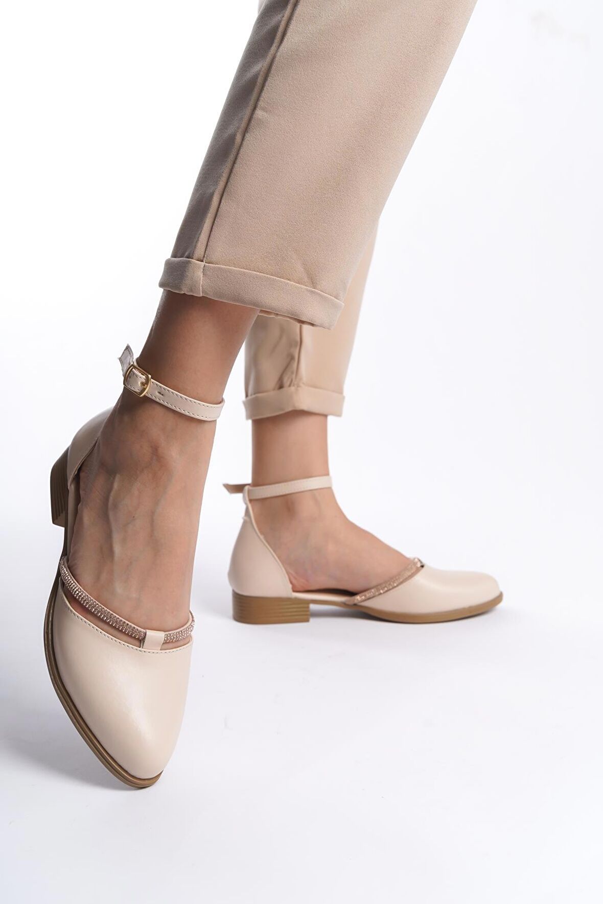 Kadın Trey Krem Cilt Taş Detaylı Yanları Acık Babet