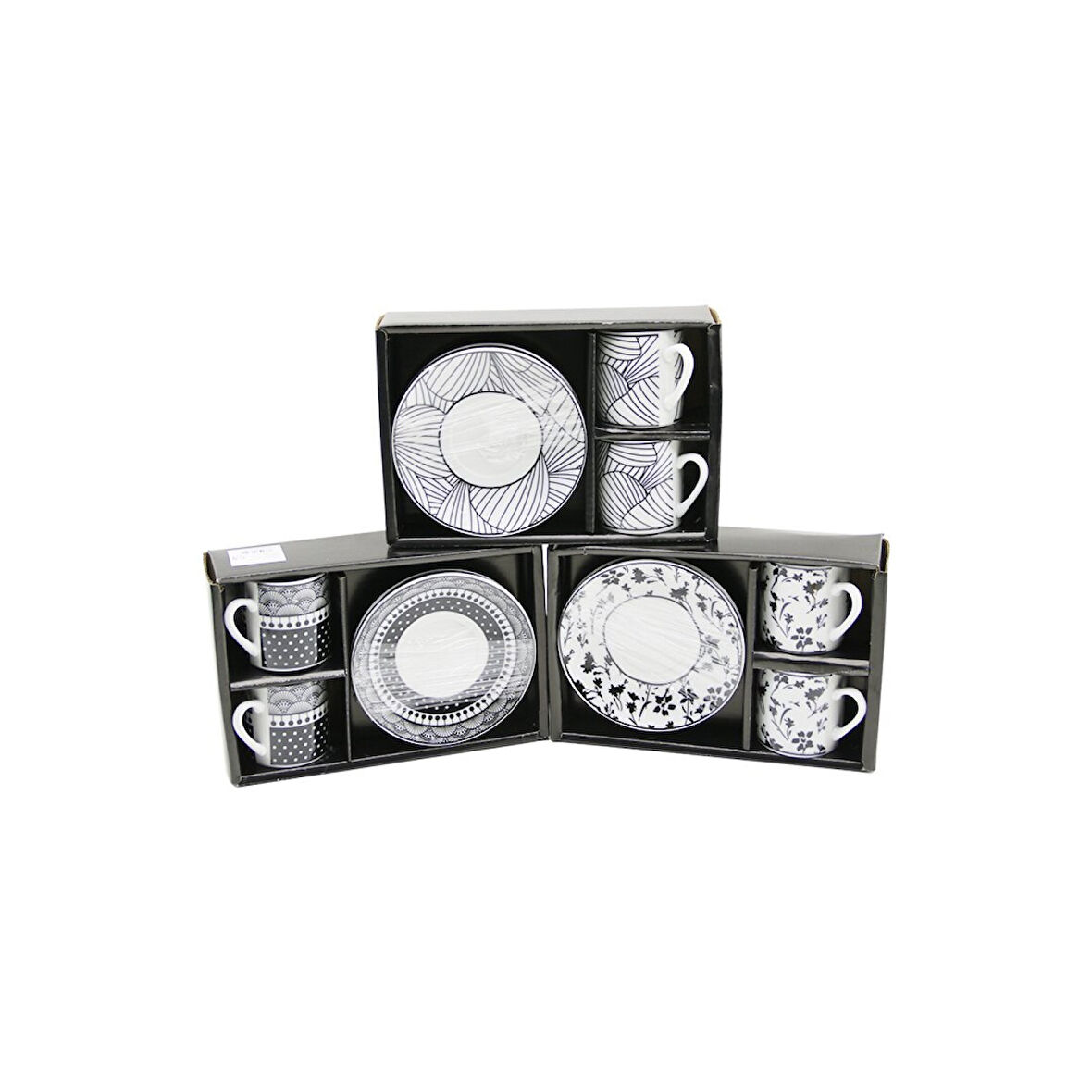 Siyah - Beyaz 4pcs=2-takım  Porselen Kahve Fincanı  Çiçek - Çizgi - Nokta Mix Desen (4915)