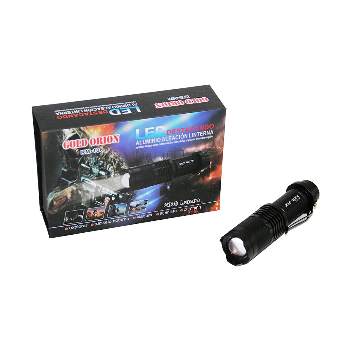 GOLD ORION KM-106 ZOOMLU EL FENERİ FİŞLİ PİL ŞARJ CİHAZLI SİYAH METAL KASA 12.5CM 3000 LUMEN (4915)