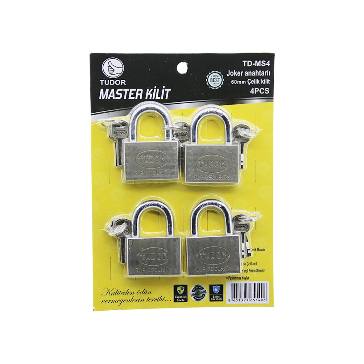 TUDOR TD-MS4 MASTER 4PCS JOKER ANAHTARLI=TEK ANAHTARLA 4 KİLİT AÇ  60MM - GRİ KISA KANCALI ÇELİK ASMA KİLİT (4915)