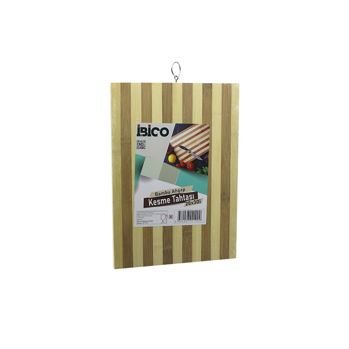 20 X 30 X 1.4cm  Beyaz Çizgili Ahşap Bambu Kesim Panosu - Kesme Tahtası Metal Kulplu (4915)