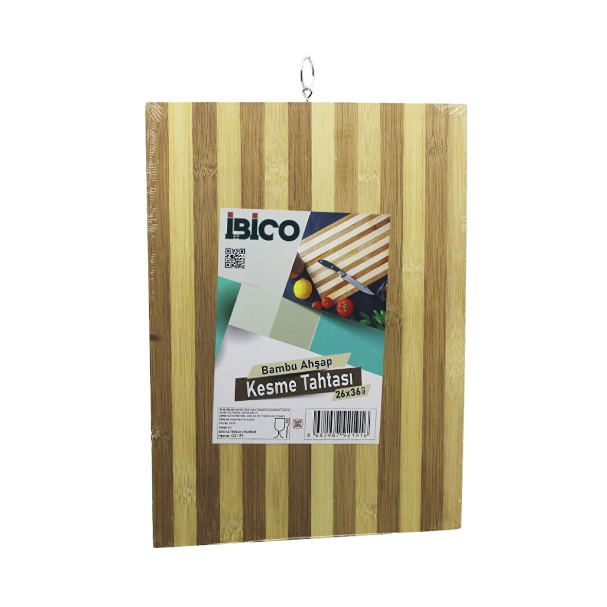 Beyaz Çizgili Ahşap Bambu Kesim Panosu - Kesme Tahtası Metal Kulplu 26 X 36 X 1.4cm (4915)