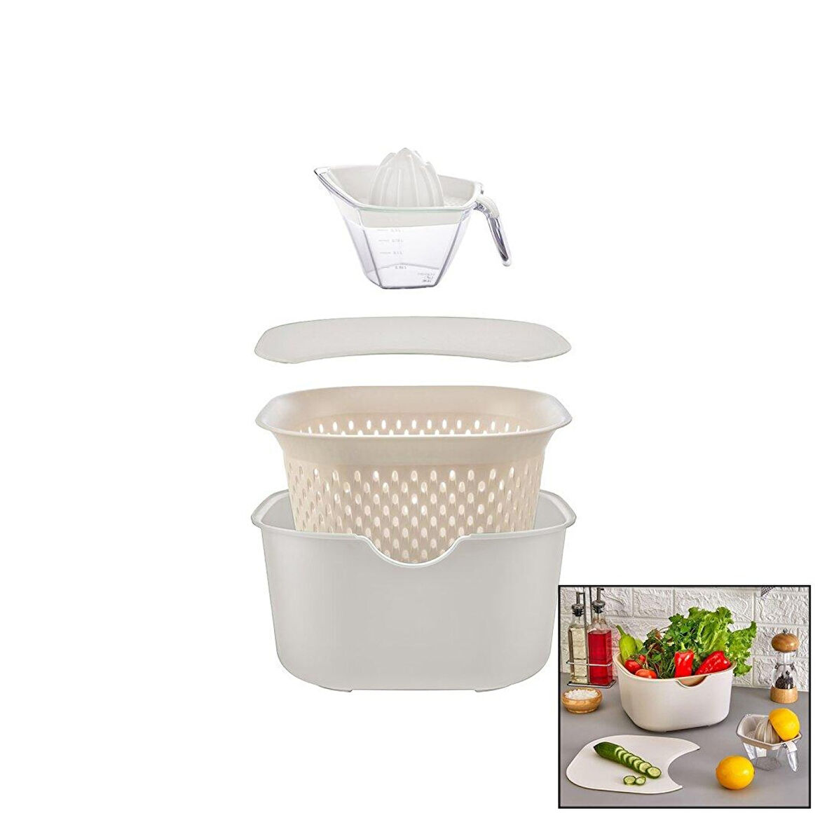 Krem 5pcs Mutfak Seti Pls.karıştırma Kap=4lt - Süzgeç=3.5lt - Kesim Pano - Sıkacak=0.25lt (4915)