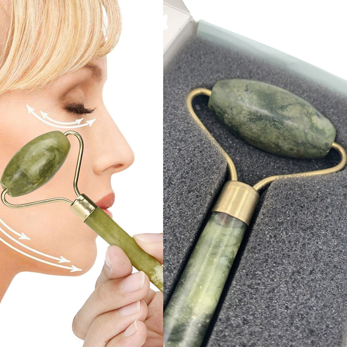 Özel Süngerli Kutusunda Kırılmaz Çift Taraflı 2li Cilt Yüz Masaj Aleti Jade Roller Yeşim Taşı (4915)