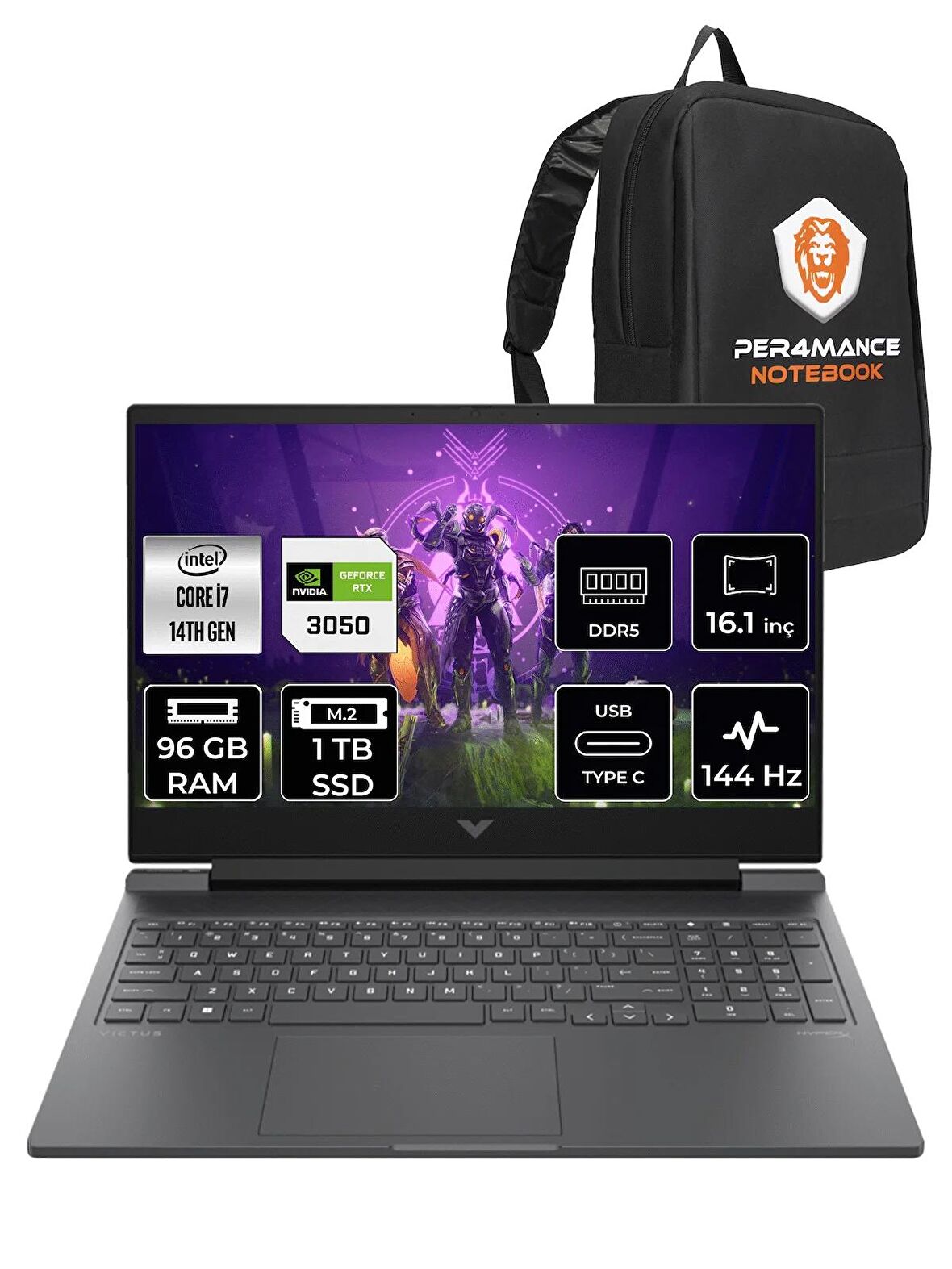 HP VİCTUS 16  i7-14700HX 96GB RAM 1TB SSD RTX3050/6GB 144Hz 16.1 FHD FDOS 9J288EA & PER4 ÇANTA
