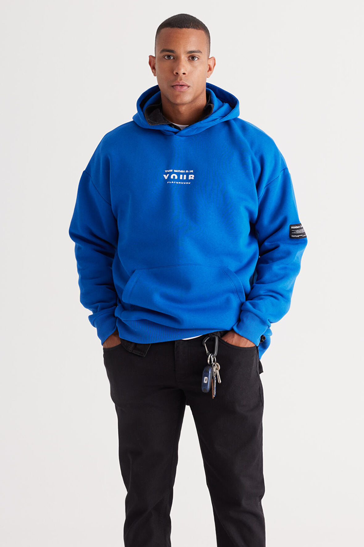 Erkek Mavi Oversize Fit Bol Kesim Kapüşonlu Içi Polarlı 3 Iplik Pamuklu Sweatshirt