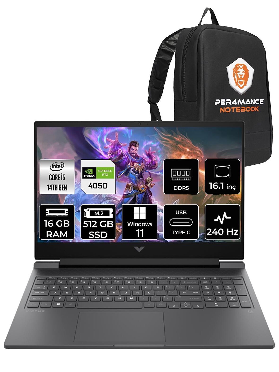 HP VİCTUS 16 i5 14500HX 16GB 512GB SSD RTX4050/6GB 240HZ 16.1'' QHD W11PRO 9J204EA & PER4 ÇANTA