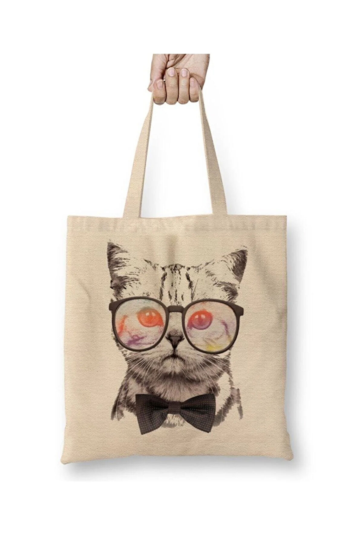 Miau Cat Kedi Beyaz Bez Çanta Uzun Saplı Alışveriş Çantası Plaj Çantası