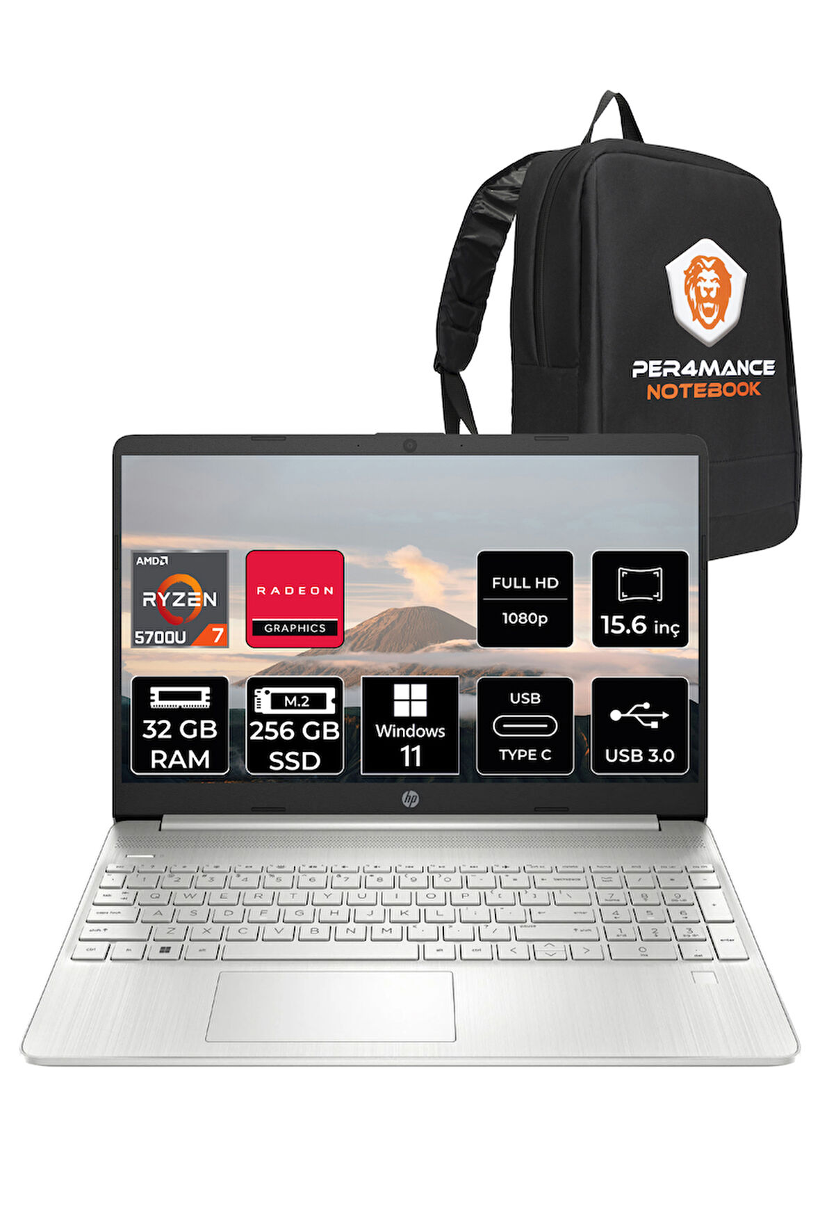 HP 15S-EQ2000NT R7 5700U 32GB RAM 256GB SSD 15.6'' Full HD W11H Dizüstü Bilgisayar & PER4 ÇANTA 