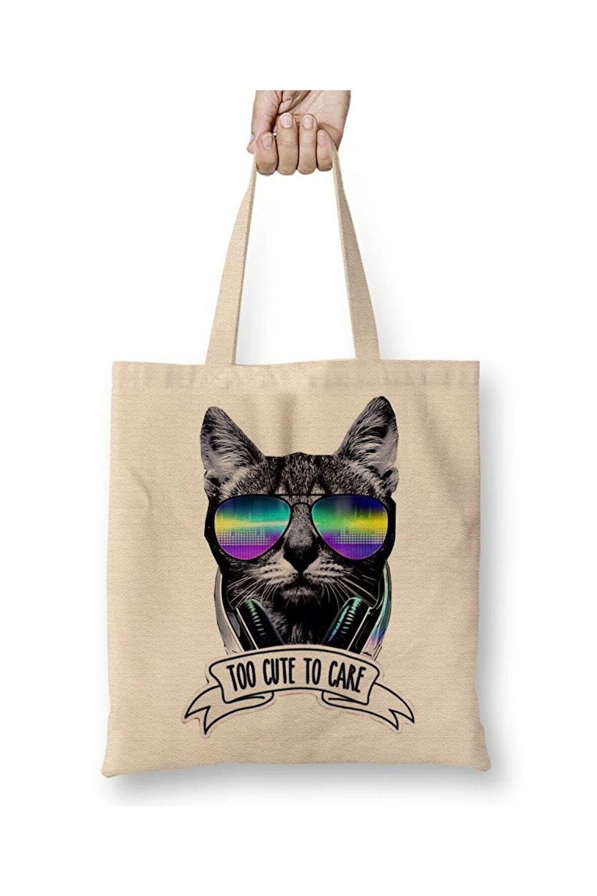 Too Cute To Care Cat Kedi Dj Beyaz Bez Çanta Uzun Saplı Alışveriş Çantası Plaj Çantası