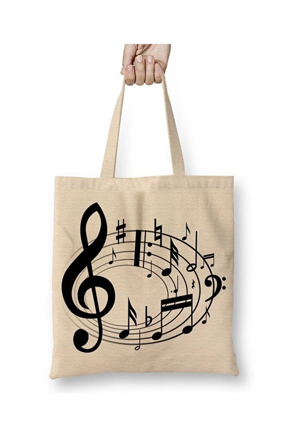 Müzik Nota Beyaz Bez Çanta Uzun Saplı Alışveriş Çantası Plaj Çantası