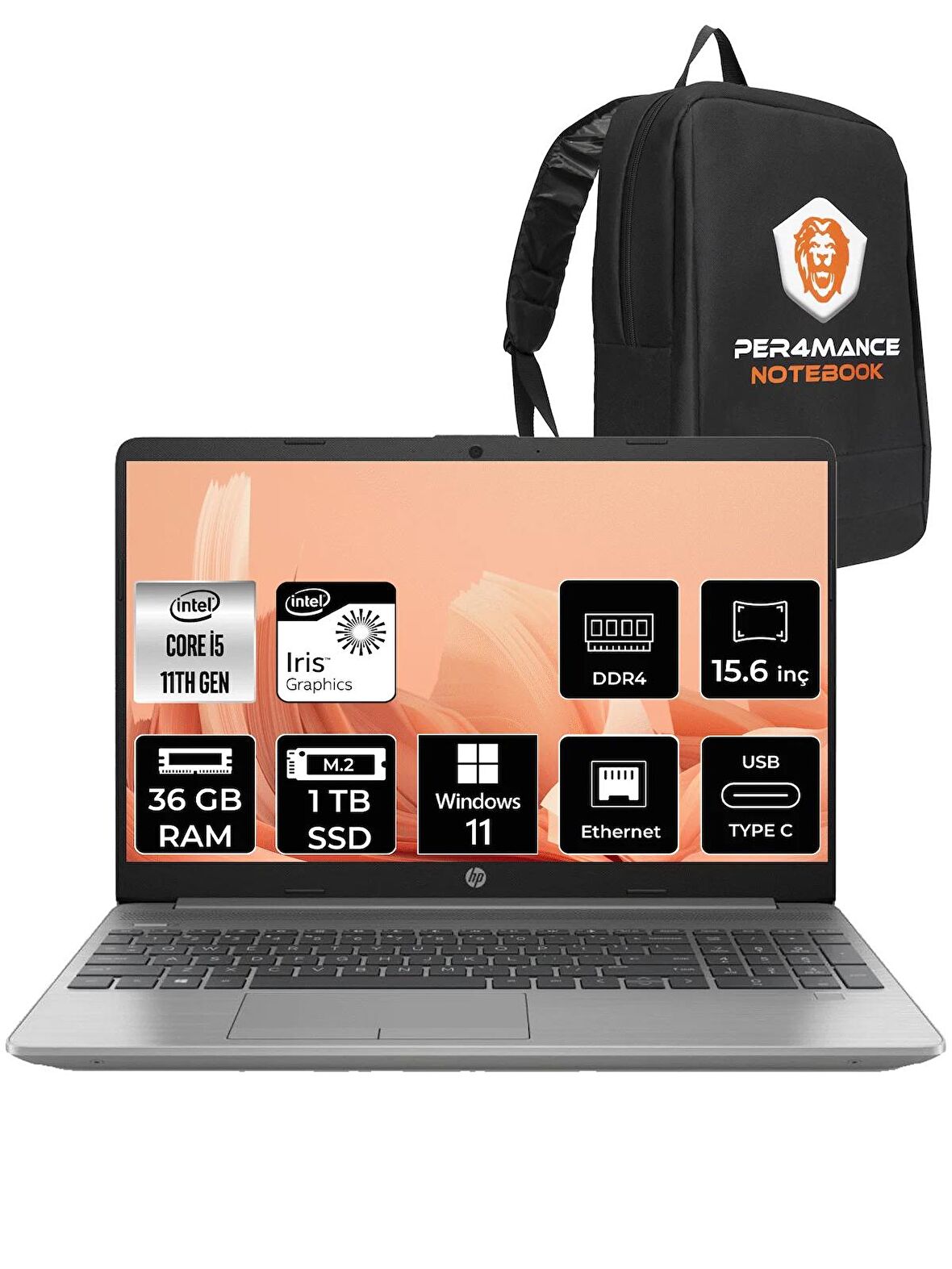 HP 250 G8 i5 1135G7 36GB RAM 1TB SSD 15.6'' FHD W11HOME 853U8ES & PER4 ÇANTA
