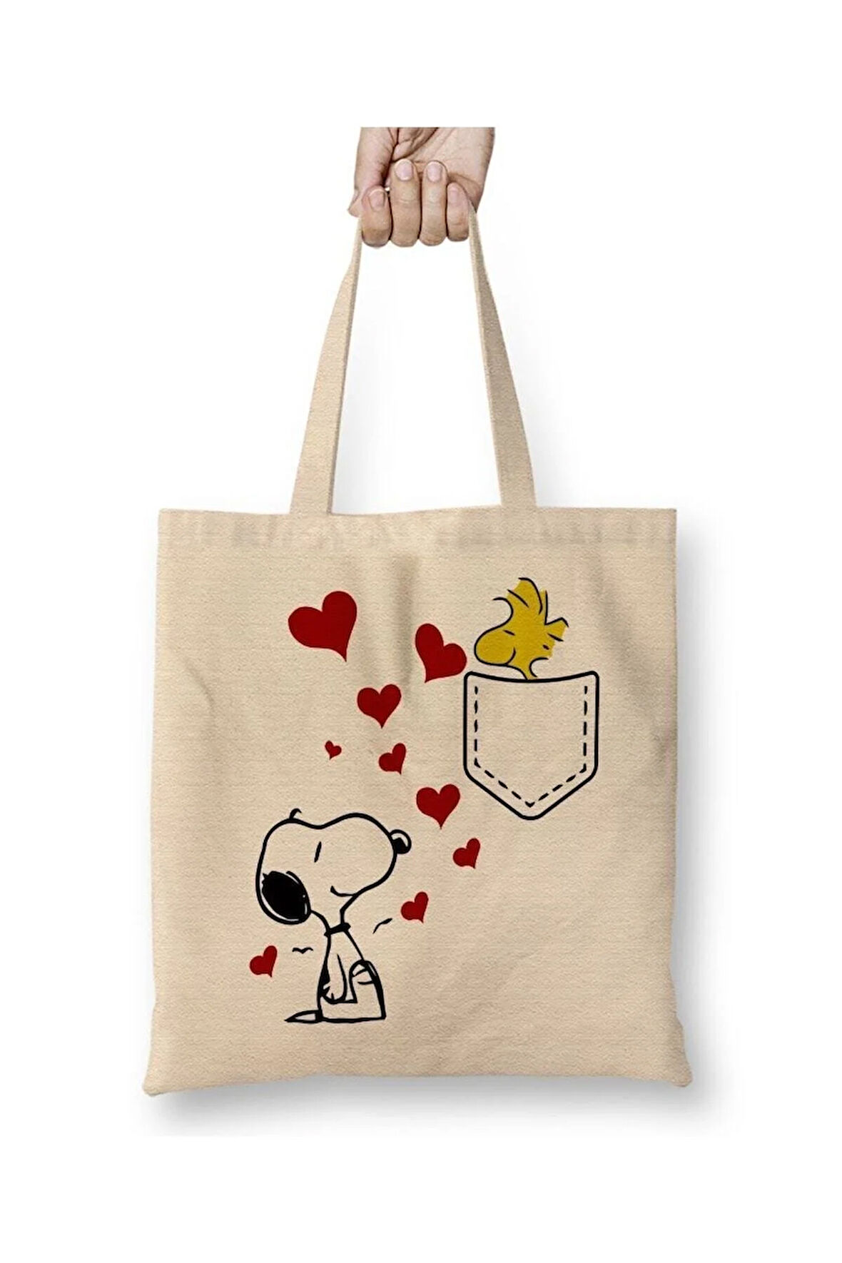 Love Snoopy Beyaz Bez Çanta Uzun Saplı Alışveriş Çantası Plaj Çantası