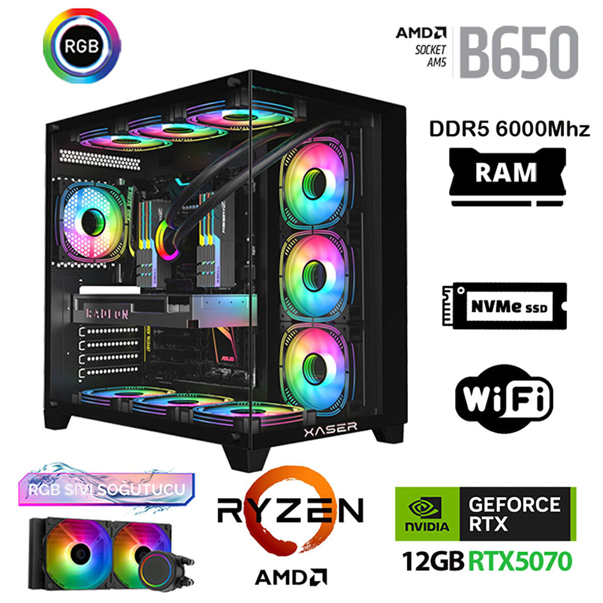 Xaser Velox x480 Ryzen 7 9700x 32GB DDR5 Ram 2TB M.2 NVMe SSD 12GB RTX5070 Sıvı Soğutmalı Oyuncu Bilgisayarı