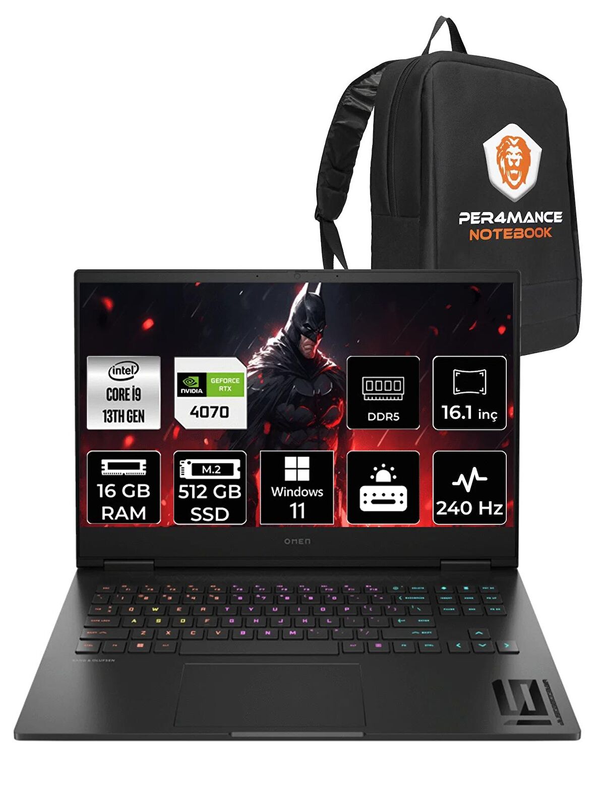 HP OMEN 16  i9-13900HX 16GB RAM 512GB SSD RTX4070/8GB 240HZ 16.1 QHD W11PRO 7Q7W7EA & PER4 ÇANTA