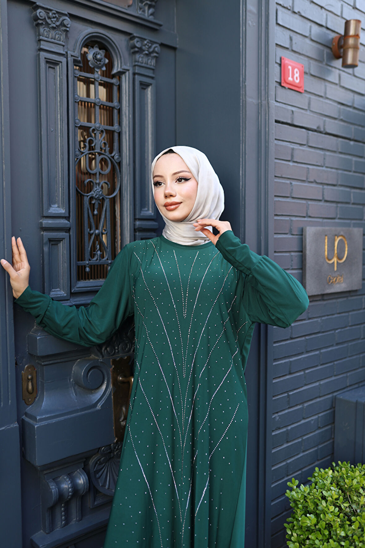 KADIN Yeşil Taş Baskı Desen Sandy Kumaş Şık Tesettür Elbise T816