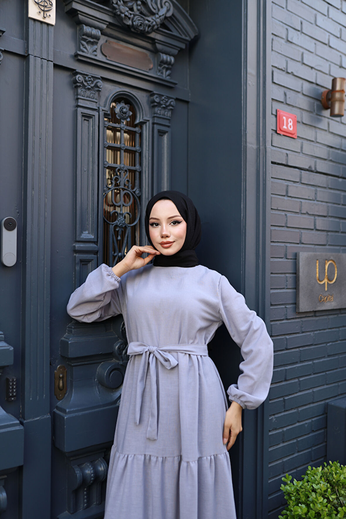 KADIN Gri Keten Kat Kat-Belden Bağlamalı Yazlık Tesettür Elbise 0104