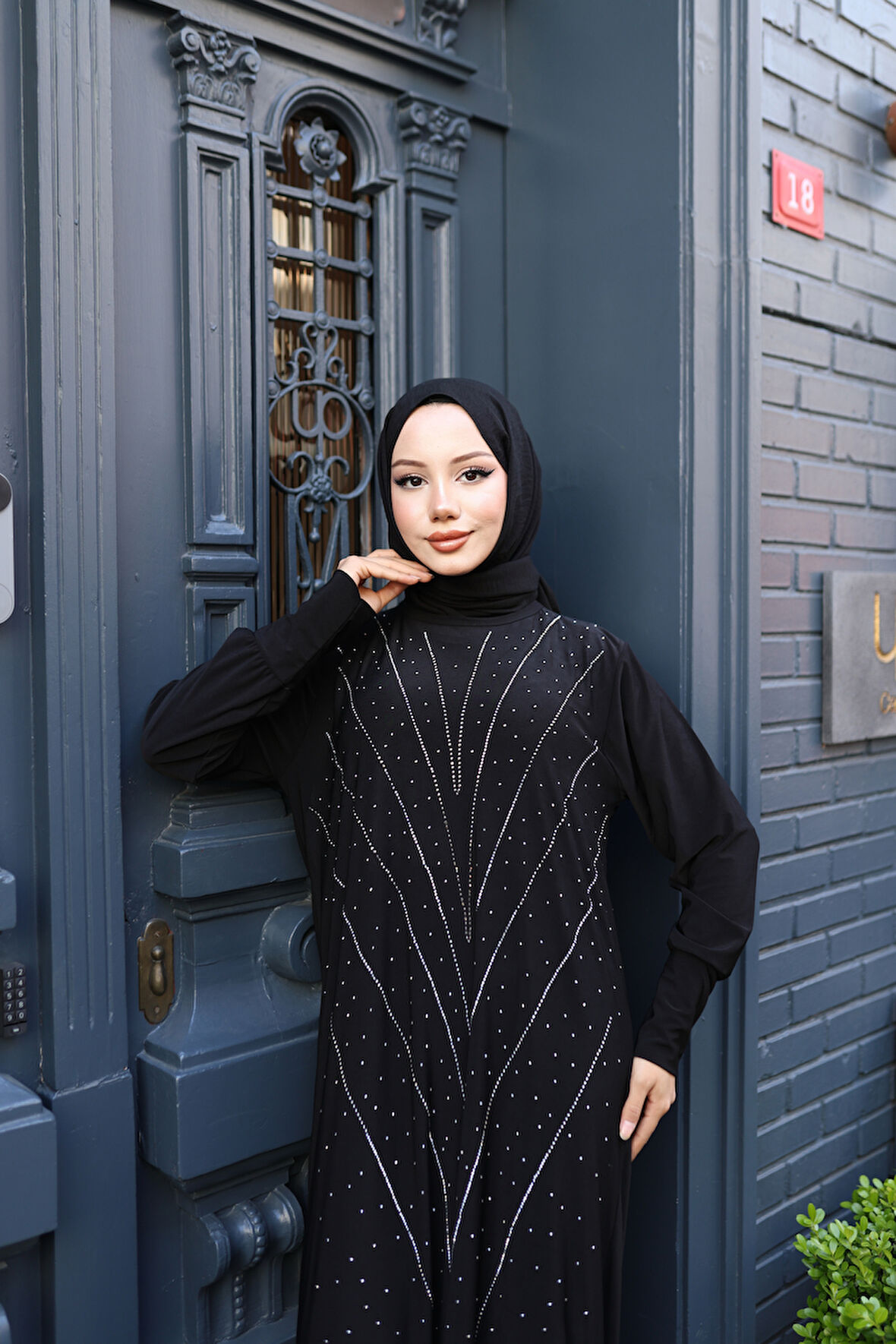 KADIN Siyah Taş Baskı Desen Sandy Kumaş Şık Tesettür Elbise T818