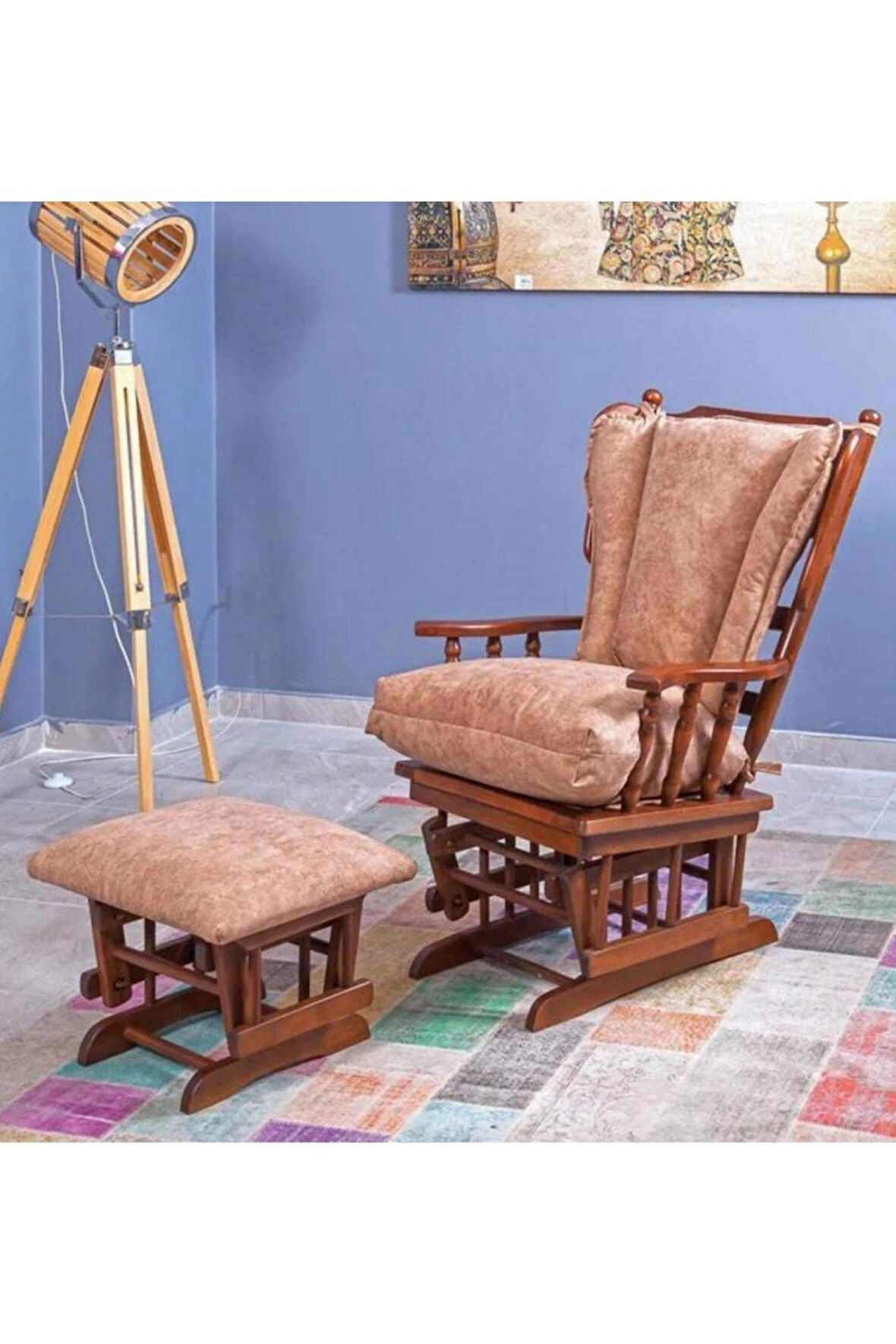 Reyo Home Barok Sütlü Kahve Sallanan Sandalye Baba Koltuğu Emzirme Sandalyesi Ceviz Ayak