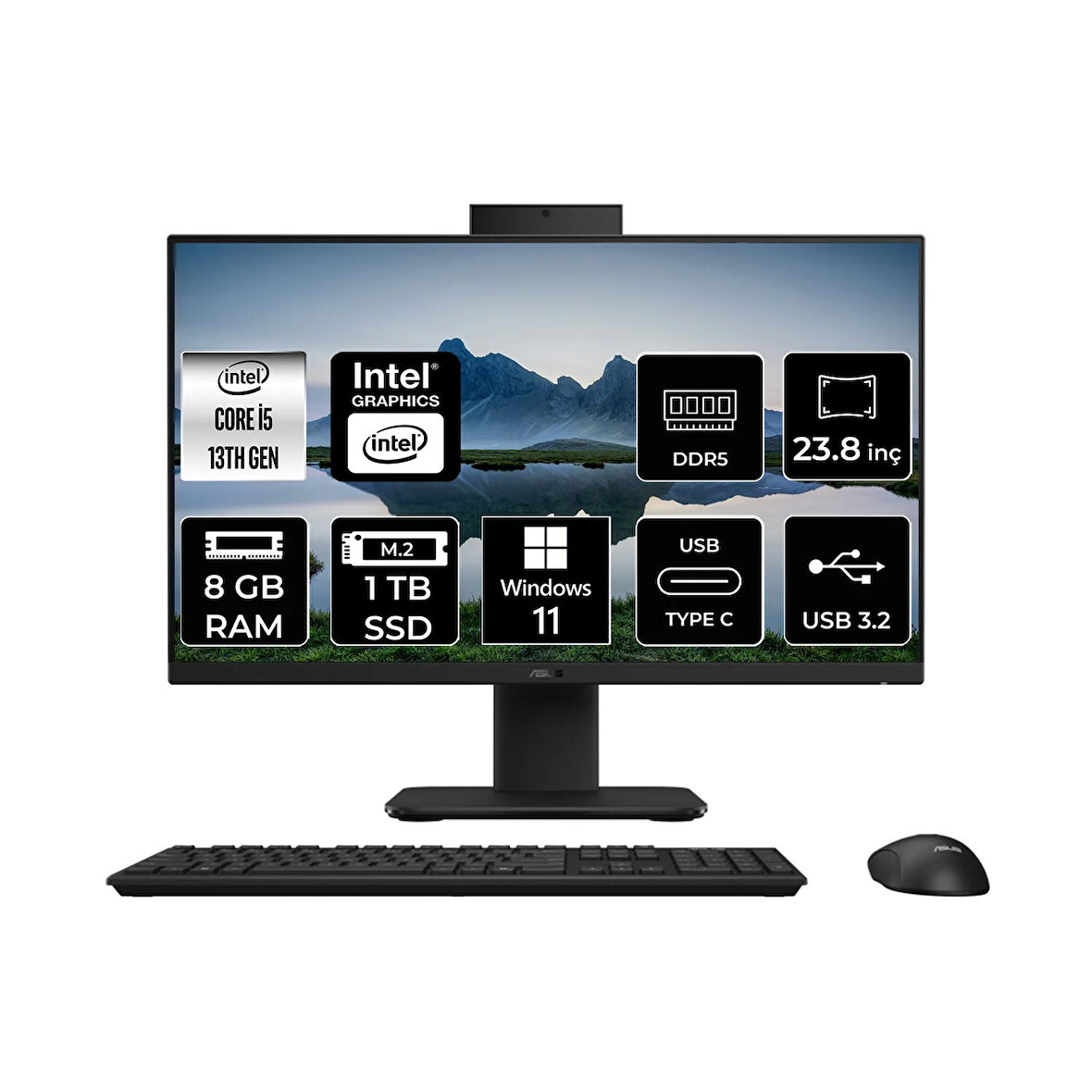 Asus V440 Intel Core i5 13420H 8GB 1TB SSD 23.8" FHD W11H All in One Bilgisayar Siyah & USB Bellek