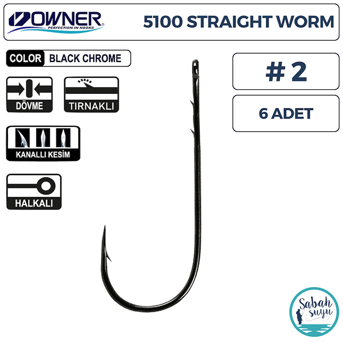 Owner 5100 Straight Worm Tırnaklı Delikli İğne #2 (6 Adet) Siyah