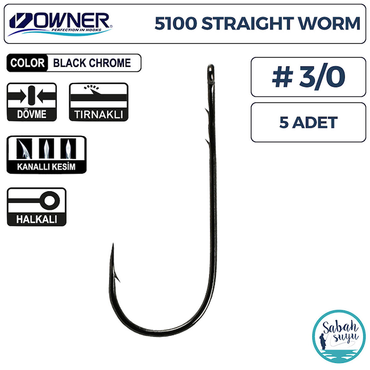 Owner 5100 Straight Worm Tırnaklı Delikli İğne #3/0 (5 Adet) Siyah